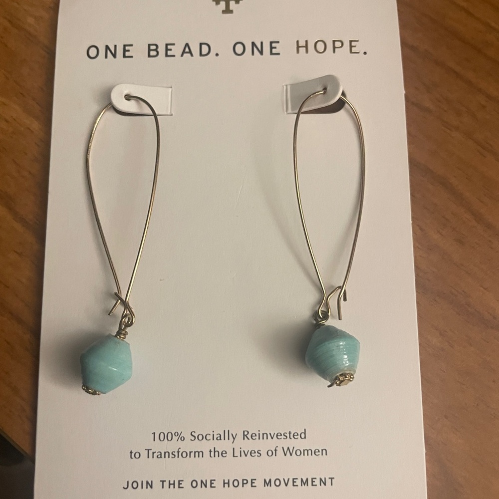 Aqua Blue Bead Gold Drop Earrings